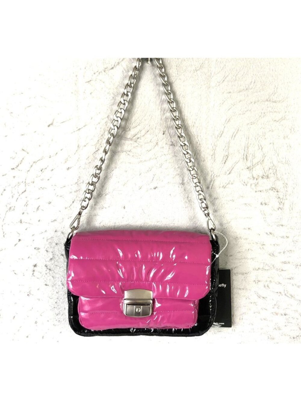 Think Royln Bag Womens Pink Black Patent Quilted Chain Crossbody Retro Statement